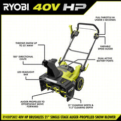 40V HP Brushless 21” Single-Stage Auger-Propelled Snow Blower
