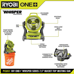 18V ONE+ WHISPER SERIES 7.5" BUCKET TOP MISTING FAN